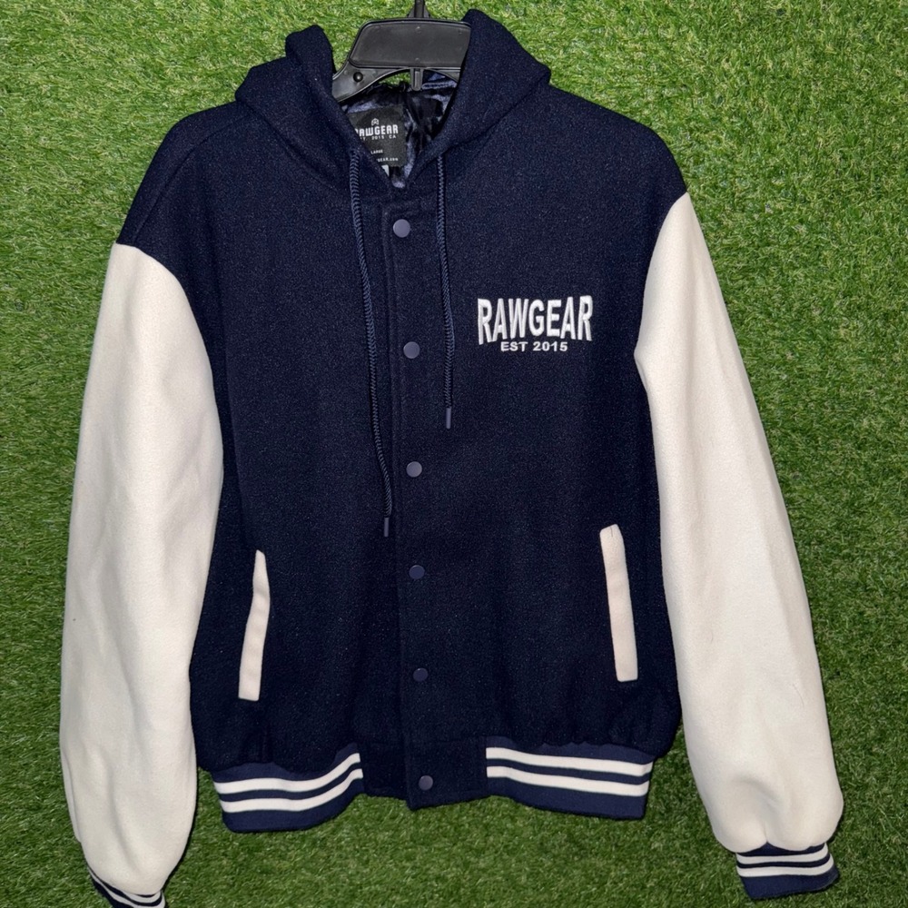RAWGEAR Los Angeles Varsity Jacket Mens‎ Large Navy Blue White Hoodie Snap
